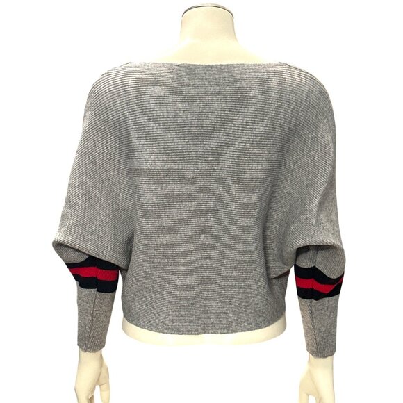 CCC Gray Batwing Crop Top Sweater Red Black Stripes Chic Style Comfortable Versa - Picture 4 of 9